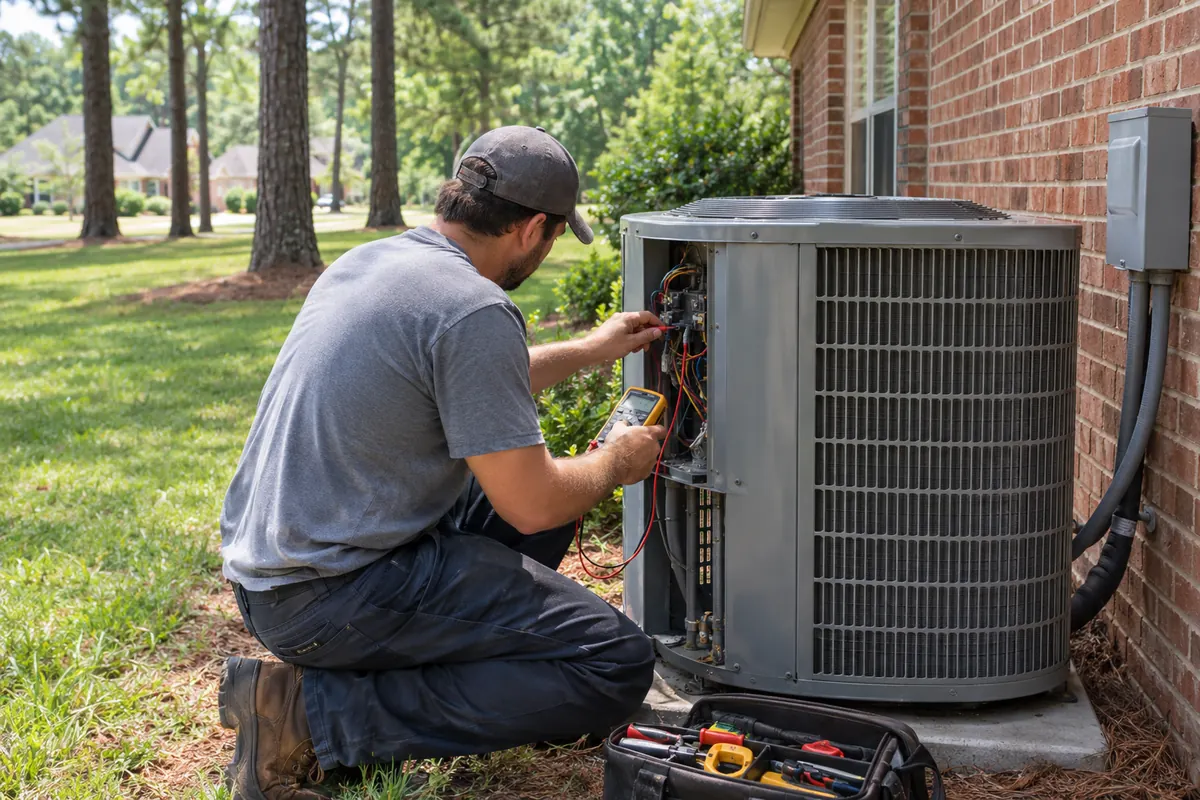 HVAC technician checking the outdoor AC condenser of a Georgia home on a summer day